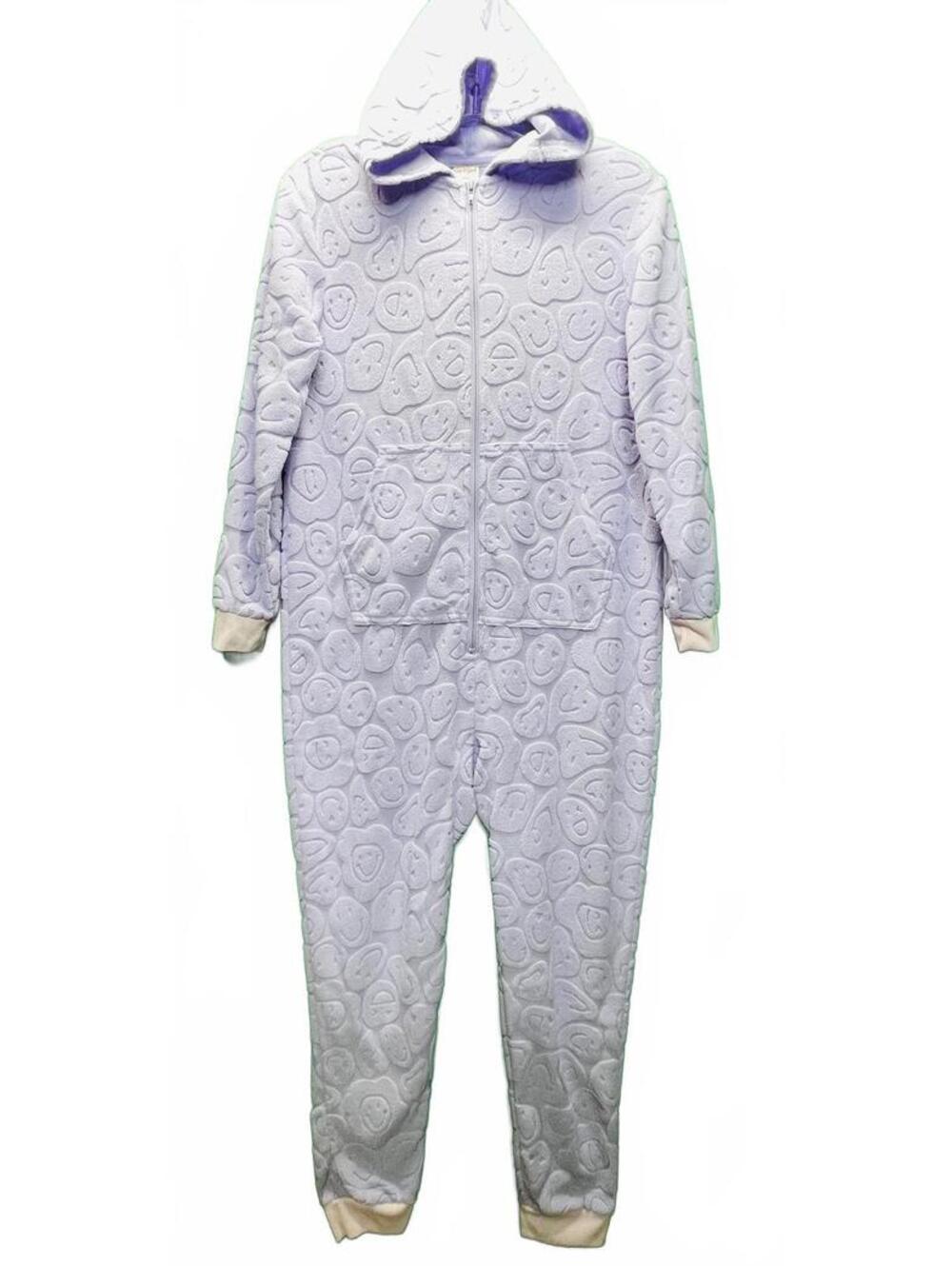 Cat & Jack XL (14) Lavender Hooded One Piece Sleepwear Pajamas Smiley Faces